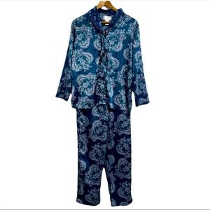 Cabernet Sleepwear Pajama Set Women XS Teal Paisley Floral Polyester Button Up